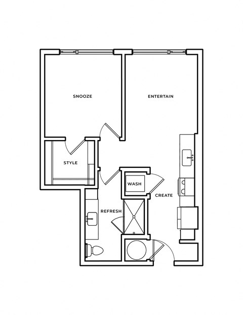A floor plan of a house with rooms labeled Snooze, Style, Wash, Create, Refresh, and Entertain.